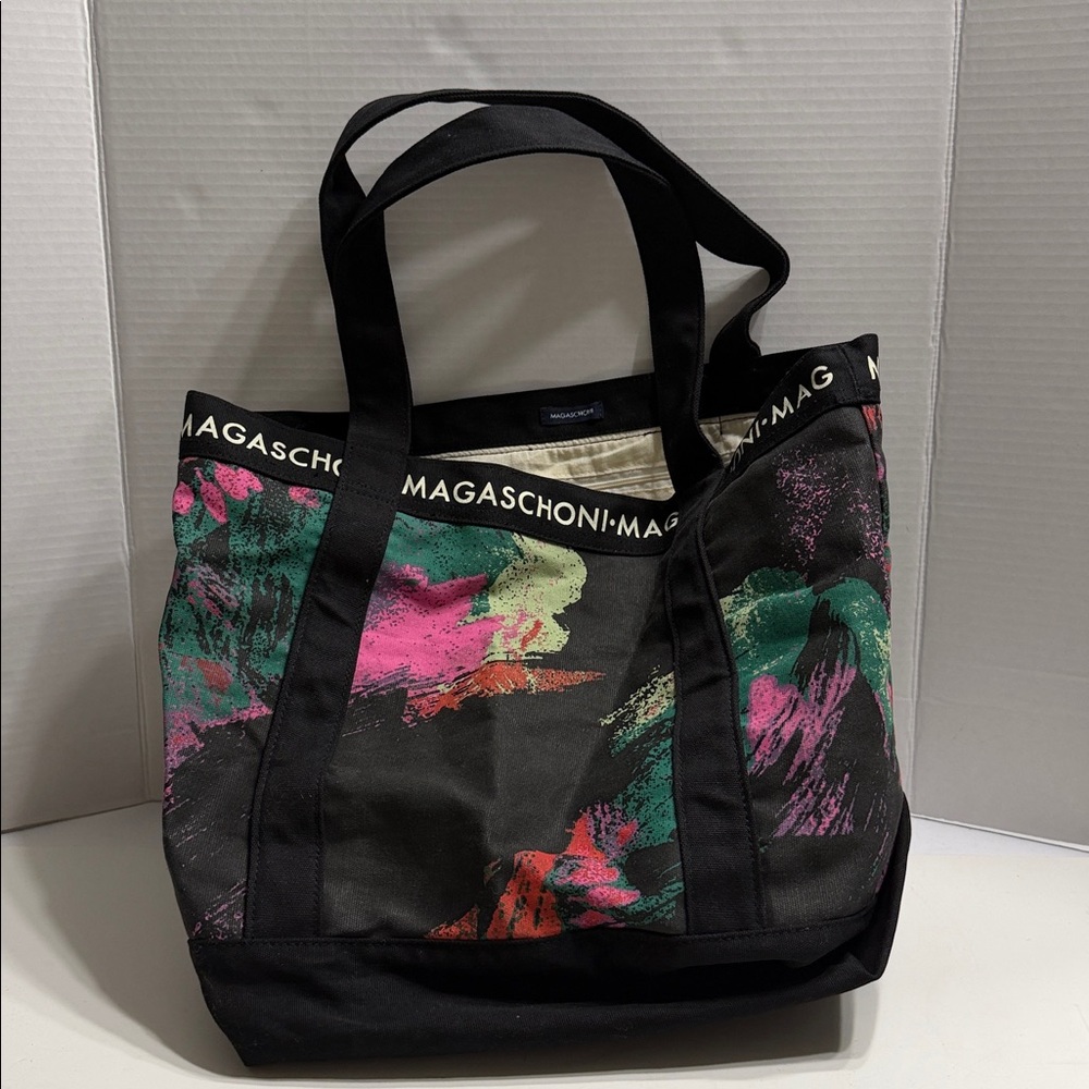 magaschoni black floral linen cotton canvas
 print tote bag 17x13"